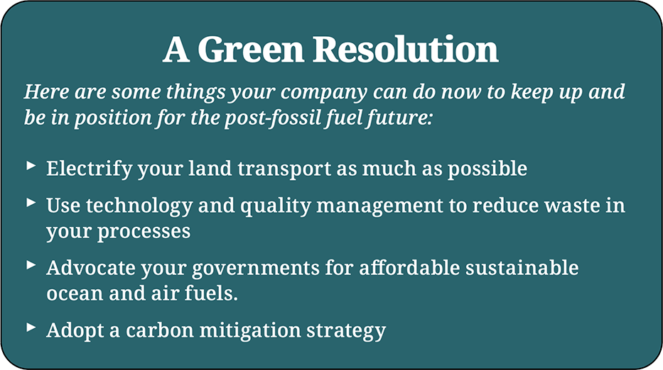 A Green Resolution Here are some things your company can do now to keep up and be in position for the post-fossil fuel future: Electrify your land transport as much as possible Use technology and quality management to reduce waste in your processes Advocate your governments for affordable sustainable ocean and air fuels. Adopt a carbon mitigation strategy