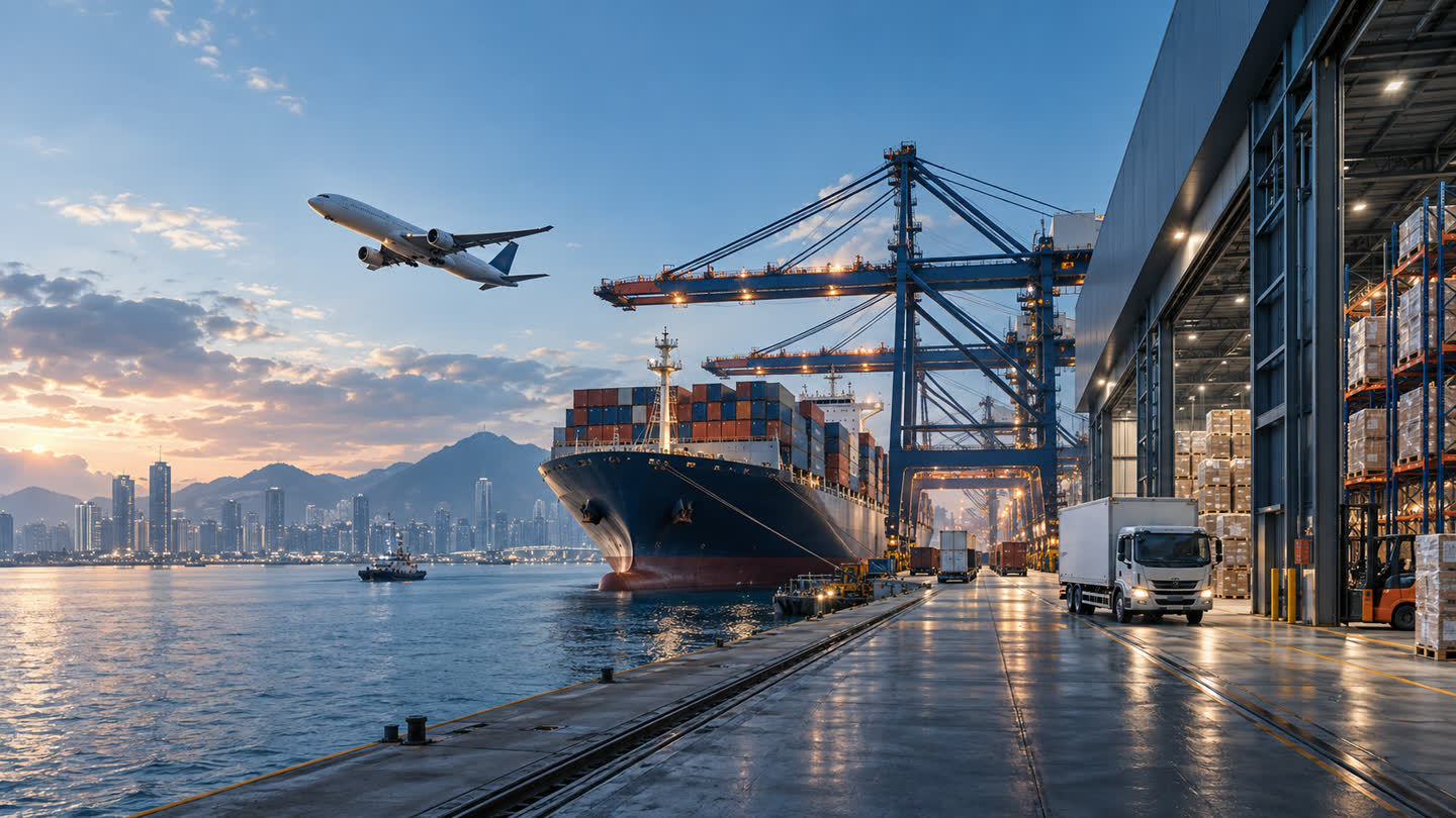 Cargo aircraft, container vessel, port cranes, warehouse and delivery vehicle representing the logistics service modes covered by the KPI survey.